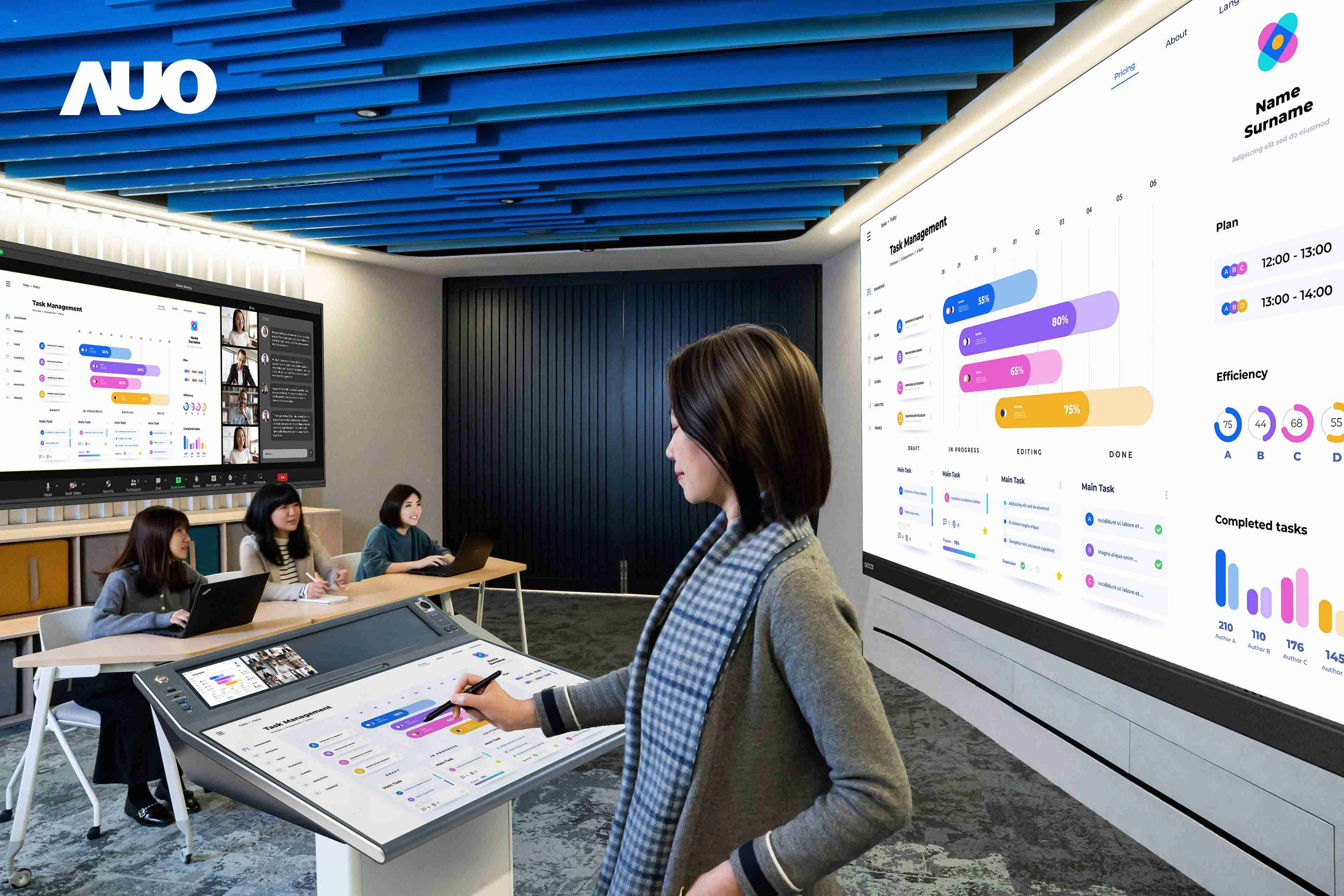 达擎携手Avocor与Rise Vision展示全方位商务领域应用，，，，包含采用模块化设计的138吋一体式All-in-One LED显示器及具21:9超宽比例的92吋交互式电子白板（IFPD），，，讲者可轻松分享内容，，，，有效提升会议协作效率。。